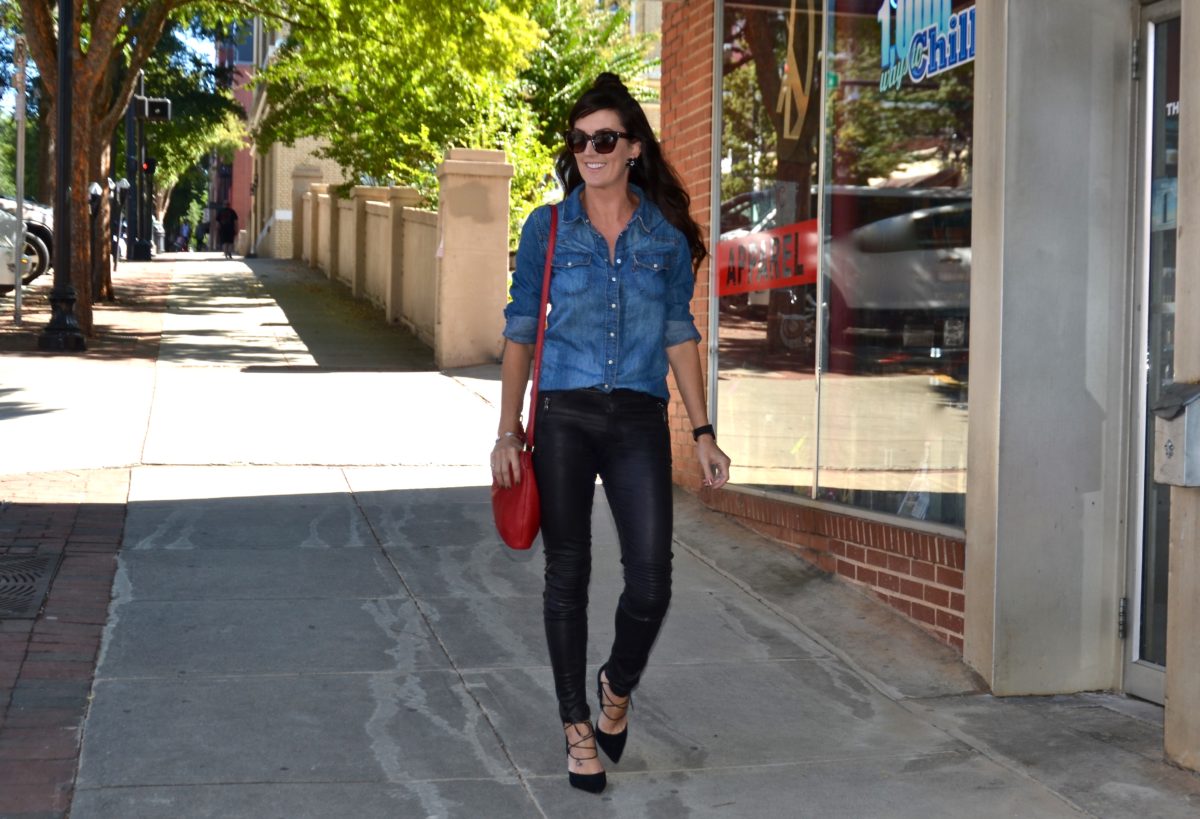 fashion and beauty blog, JennySue Makeup by Jennifer Duvall, over 30 fashion inspiration, leather pants and chambray shirt fashion, black lace up sam edelman heels