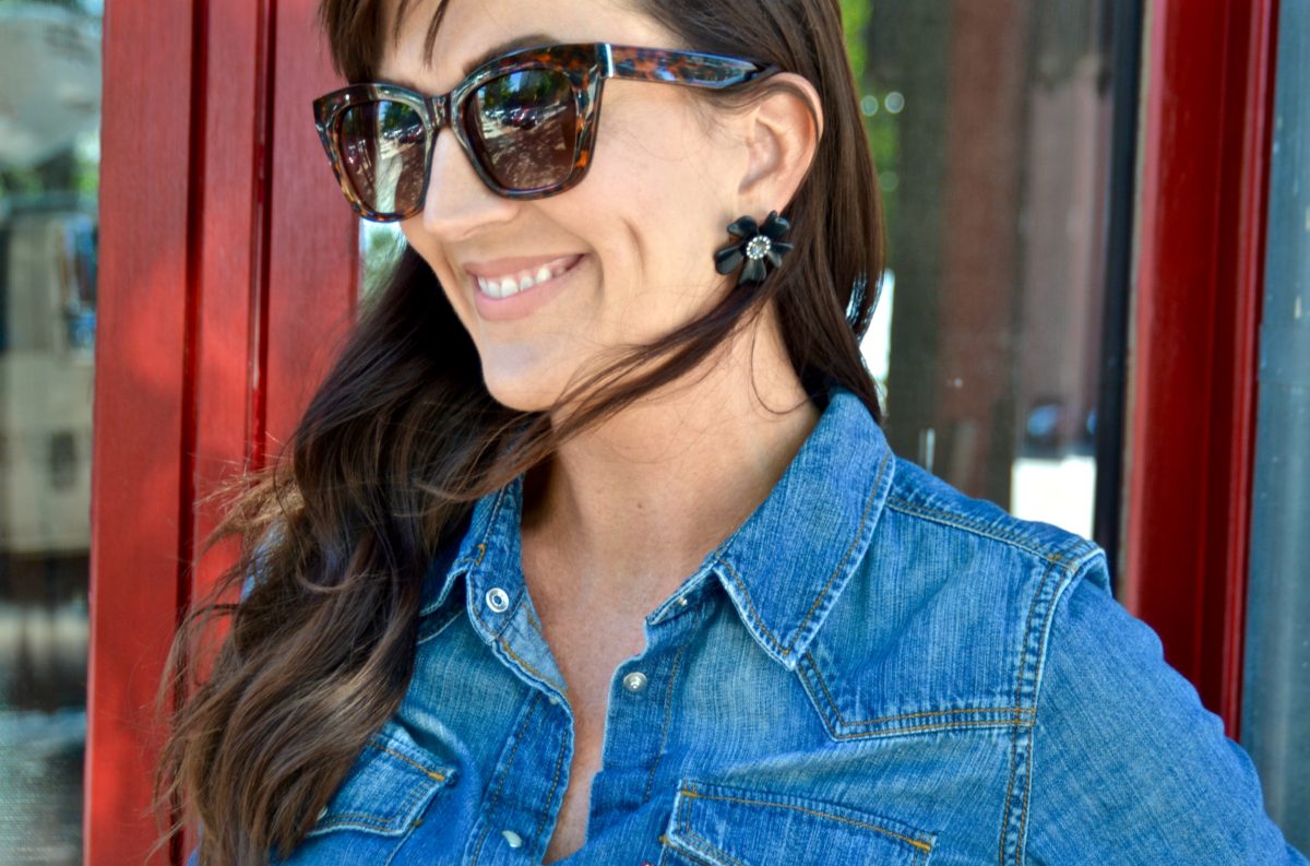 fashion and beauty blog, JennySue Makeup by Jennifer Duvall, over 30 fashion inspiration, leather pants and chambray shirt fashion, BaubleBar flower studs, forever 21 sunglasses