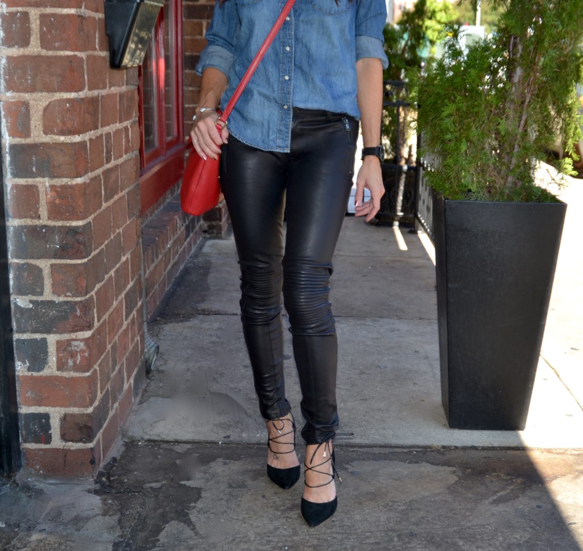 fashion and beauty blog, JennySue Makeup by Jennifer Duvall, leather pants and chambray shirt fashion 