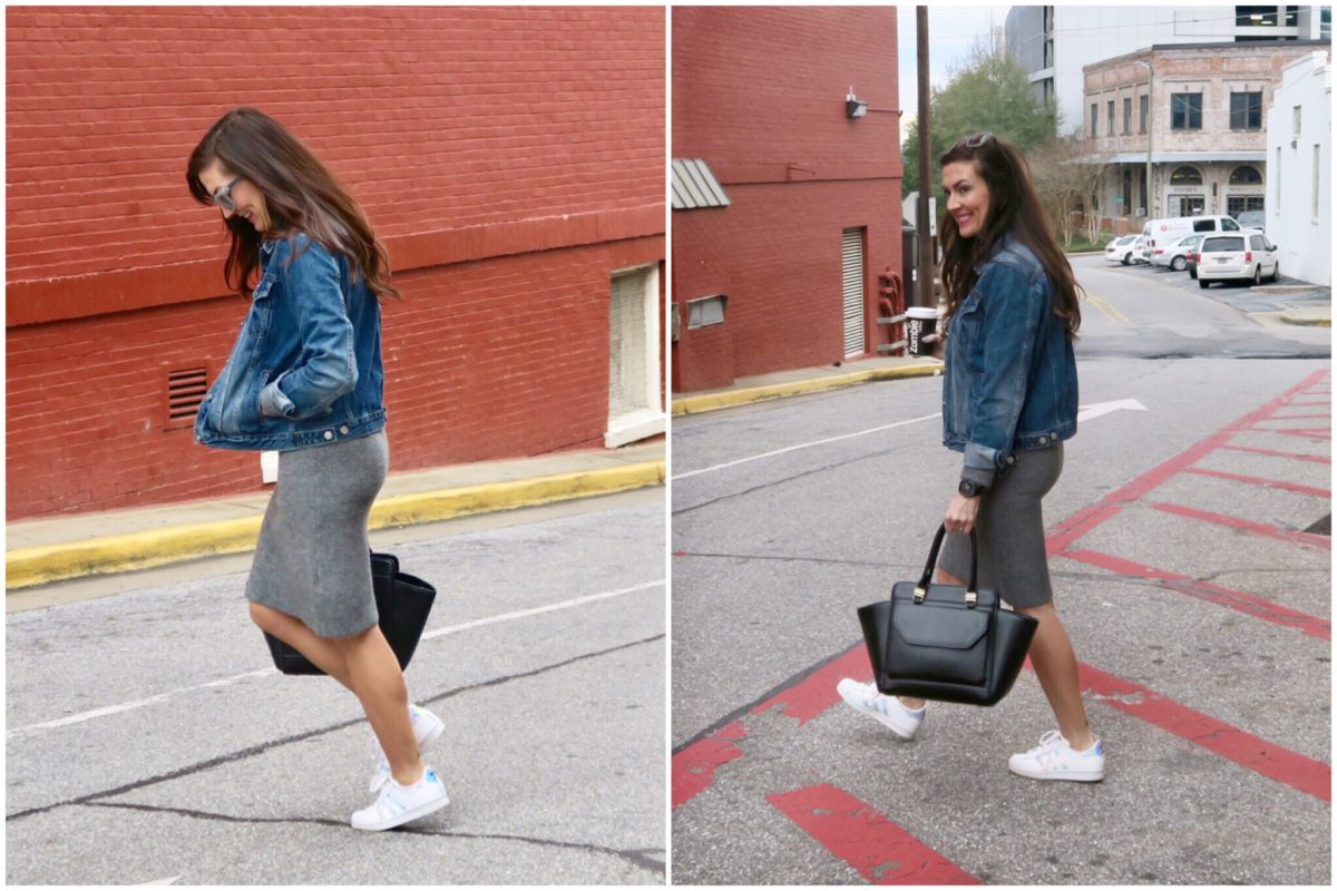 sweater dress and sneakers with Gap denim jacket R