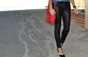 fashion and beauty blog, JennySue Makeup by Jennifer Duvall, over 30 fashion inspiration, leather pants and chambray shirt fashion, black lace up sam edelman heels