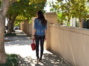 fashion and beauty blog, JennySue Makeup by Jennifer Duvall, over 30 fashion inspiration, leather pants and chambray shirt fashion, black lace up sam edelman heels