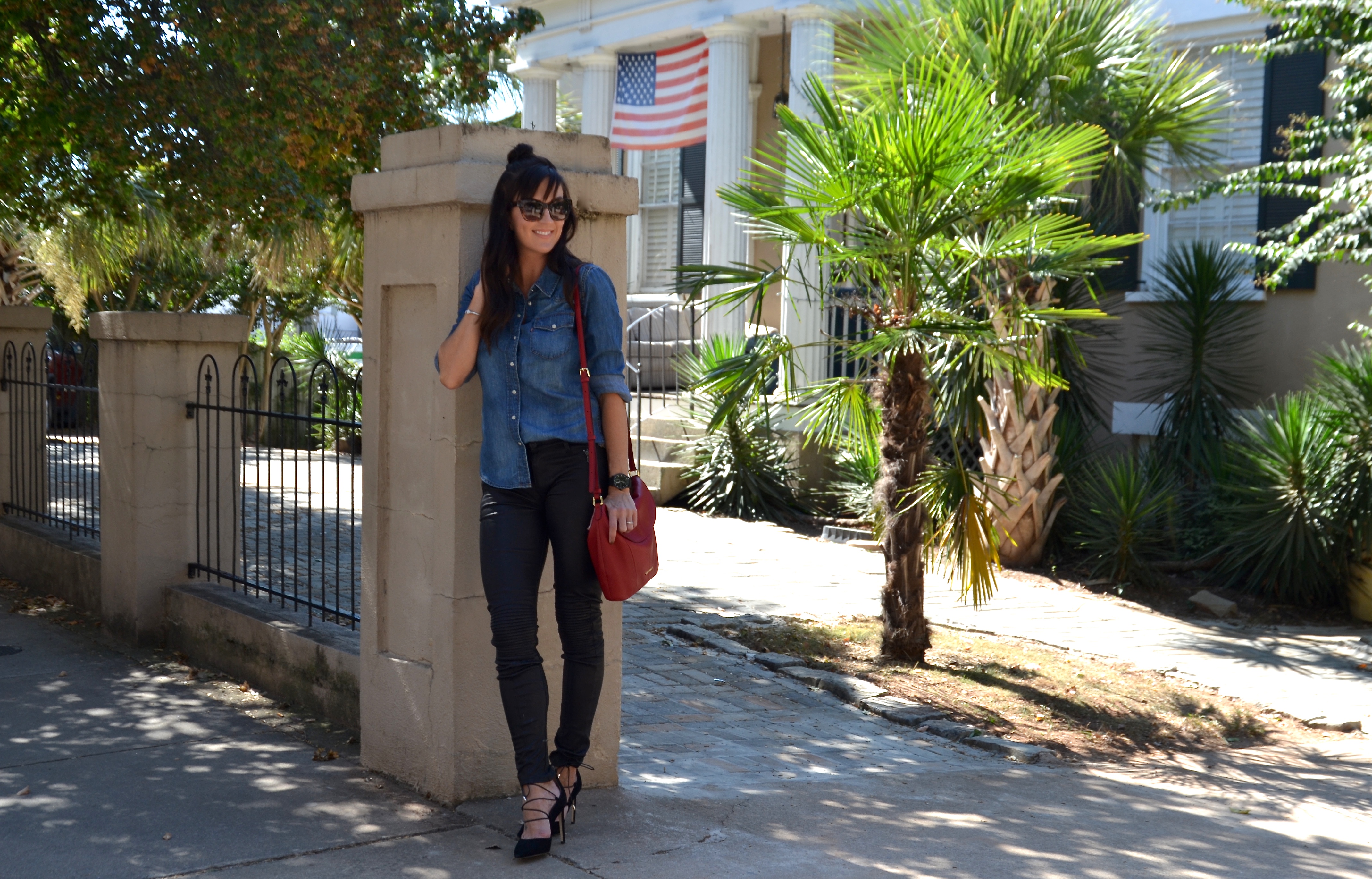 fashion and beauty blog, JennySue Makeup by Jennifer Duvall, leather pants and chambray shirt fashion